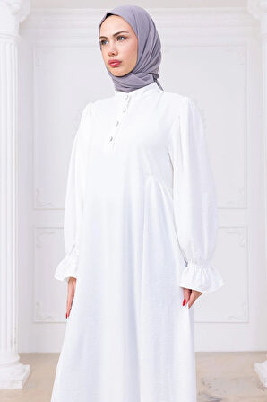 Kolları Lastikli Eva Tesettür Elbise Beyaz HM2758