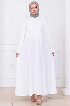 Kolları Lastikli Eva Tesettür Elbise Beyaz HM2758