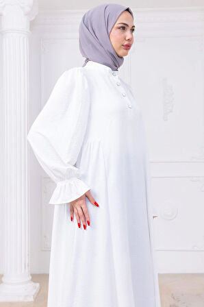 Kolları Lastikli Eva Tesettür Elbise Beyaz HM2758