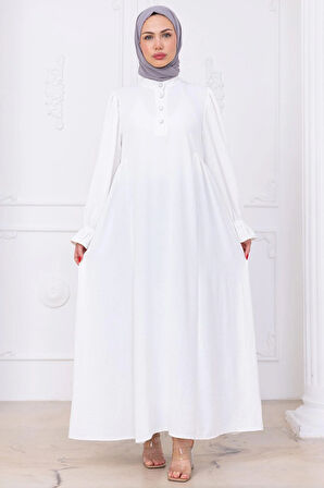 Kolları Lastikli Eva Tesettür Elbise Beyaz HM2758