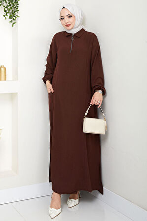 Yarım Fermuarlı Cepli Ayrobin Takım Kahverengi HM2759