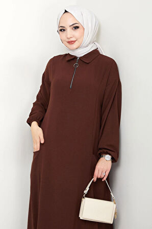 Yarım Fermuarlı Cepli Ayrobin Takım Kahverengi HM2759