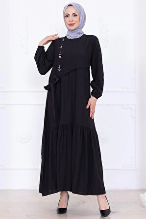 Önü Taş Detaylı Yandan Bağlamalı Tesettür Elbise Siyah HM2760