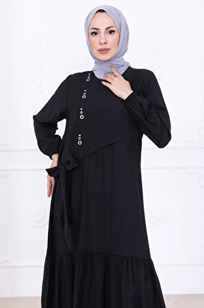 Önü Taş Detaylı Yandan Bağlamalı Tesettür Elbise Siyah HM2760