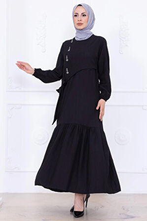 Önü Taş Detaylı Yandan Bağlamalı Tesettür Elbise Siyah HM2760