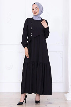 Önü Taş Detaylı Yandan Bağlamalı Tesettür Elbise Siyah HM2760
