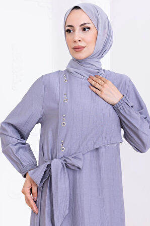 Önü Taş Detaylı Yandan Bağlamalı Tesettür Elbise Gri HM2760