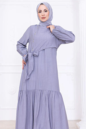 Önü Taş Detaylı Yandan Bağlamalı Tesettür Elbise Gri HM2760