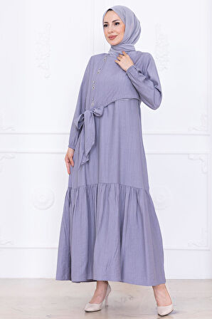 Önü Taş Detaylı Yandan Bağlamalı Tesettür Elbise Gri HM2760