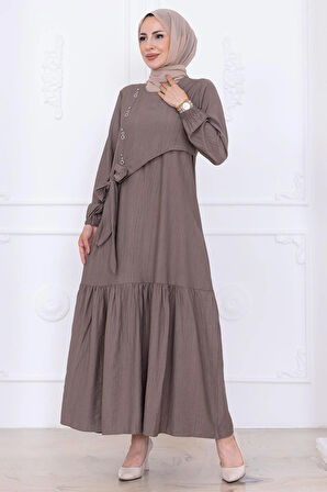 Önü Taş Detaylı Yandan Bağlamalı Tesettür Elbise Vizon HM2760