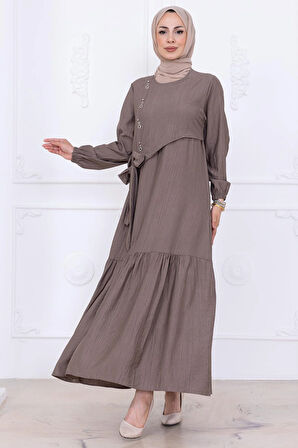 Önü Taş Detaylı Yandan Bağlamalı Tesettür Elbise Vizon HM2760