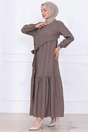 Önü Taş Detaylı Yandan Bağlamalı Tesettür Elbise Vizon HM2760