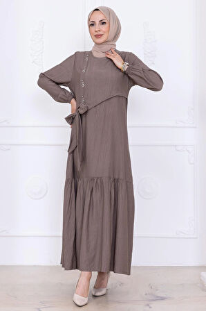 Önü Taş Detaylı Yandan Bağlamalı Tesettür Elbise Vizon HM2760