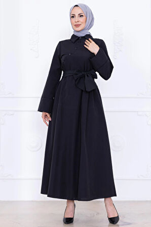 Önden Çapraz Düğmeli Kuşaklı Elbise Siyah HM2755