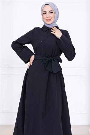 Önden Çapraz Düğmeli Kuşaklı Elbise Siyah HM2755