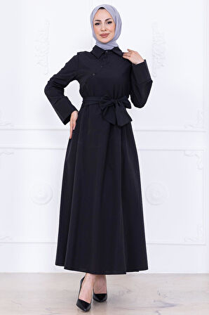 Önden Çapraz Düğmeli Kuşaklı Elbise Siyah HM2755