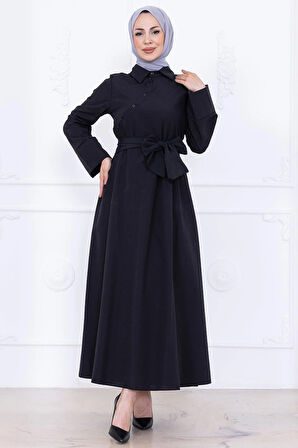 Önden Çapraz Düğmeli Kuşaklı Elbise Siyah HM2755