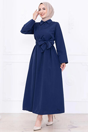 Önden Çapraz Düğmeli Kuşaklı Elbise Lacivert HM2755