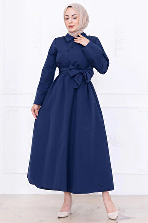 Önden Çapraz Düğmeli Kuşaklı Elbise Lacivert HM2755