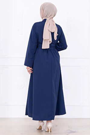 Önden Çapraz Düğmeli Kuşaklı Elbise Lacivert HM2755