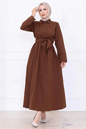 Önden Çapraz Düğmeli Kuşaklı Elbise Kahverengi HM2755