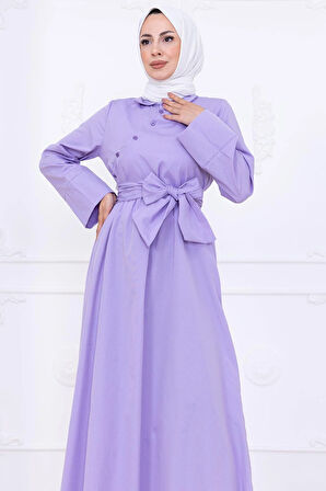 Önden Çapraz Düğmeli Kuşaklı Elbise Lila HM2755