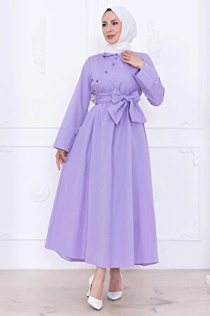 Önden Çapraz Düğmeli Kuşaklı Elbise Lila HM2755