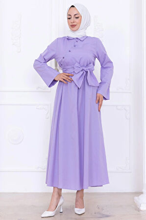 Önden Çapraz Düğmeli Kuşaklı Elbise Lila HM2755