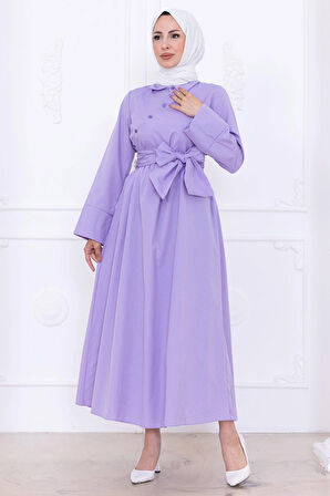 Önden Çapraz Düğmeli Kuşaklı Elbise Lila HM2755