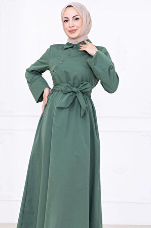 Önden Çapraz Düğmeli Kuşaklı Elbise Yeşil HM2755