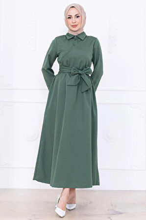 Önden Çapraz Düğmeli Kuşaklı Elbise Yeşil HM2755