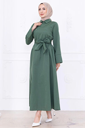Önden Çapraz Düğmeli Kuşaklı Elbise Yeşil HM2755