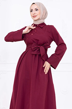 Önden Çapraz Düğmeli Kuşaklı Elbise Bordo HM2755