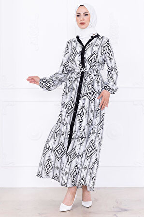 Düğmeli Kuşaklı Viskon Elbise Siyah HM2761