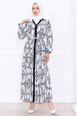 Düğmeli Kuşaklı Viskon Elbise Siyah HM2761