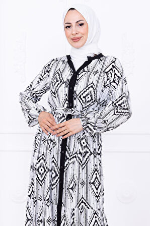 Düğmeli Kuşaklı Viskon Elbise Siyah HM2761