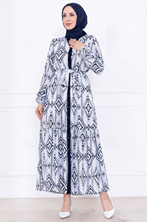 Düğmeli Kuşaklı Viskon Elbise Lacivert HM2761