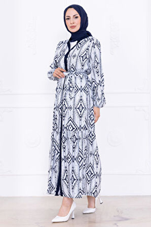 Düğmeli Kuşaklı Viskon Elbise Lacivert HM2761