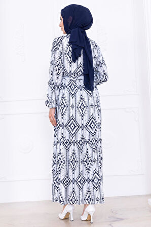 Düğmeli Kuşaklı Viskon Elbise Lacivert HM2761