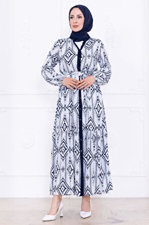 Düğmeli Kuşaklı Viskon Elbise Lacivert HM2761