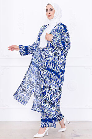 Seva Desenli Viskon Kimono Takım Mavi HM2762