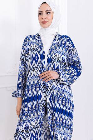 Seva Desenli Viskon Kimono Takım Mavi HM2762
