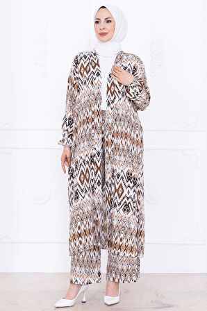 Seva Desenli Viskon Kimono Takım Kahverengi HM2762