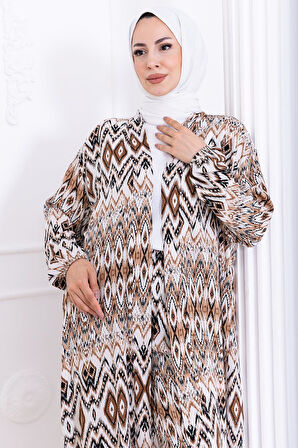 Seva Desenli Viskon Kimono Takım Kahverengi HM2762
