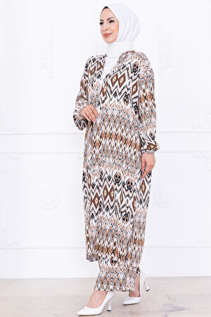 Seva Desenli Viskon Kimono Takım Kahverengi HM2762
