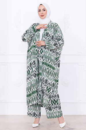 Seva Desenli Viskon Kimono Takım Yeşil HM2762