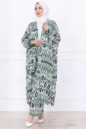Seva Desenli Viskon Kimono Takım Yeşil HM2762