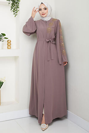 Çiçek Taşlı Kuşaklı Ferace Vizon HM2713