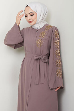 Çiçek Taşlı Kuşaklı Ferace Vizon HM2713