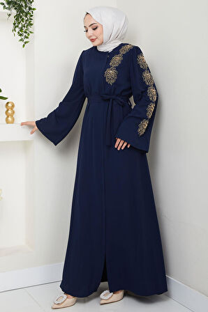 Çiçek Taşlı Kuşaklı Ferace Lacivert HM2713